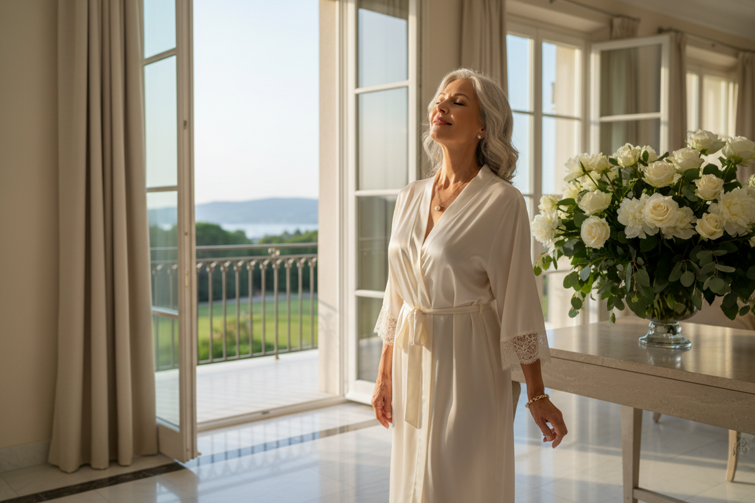 Elegant woman in her 50s standing at open French doors in a luxurious home, breathing in fresh air with a blissful expression in soft morning light
