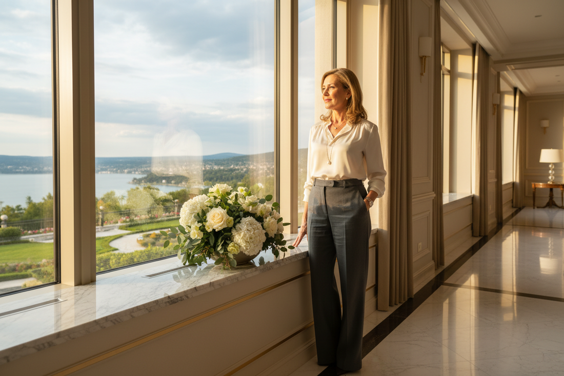 Elegant woman in her 50s standing confidently at beautiful floor-to-ceiling windows in a luxurious home, looking out with a calm and decisive expression after making an important life decision