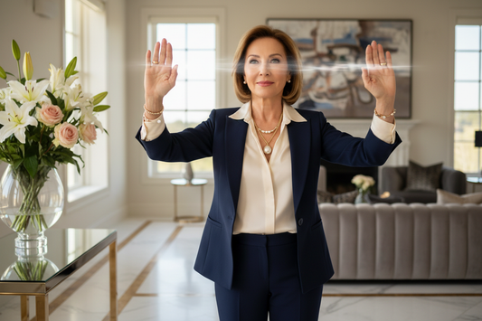 Elegant woman in her 50s standing confidently in a luxurious home, looking determined and empowered with calm resolve, ready to break through any barrier