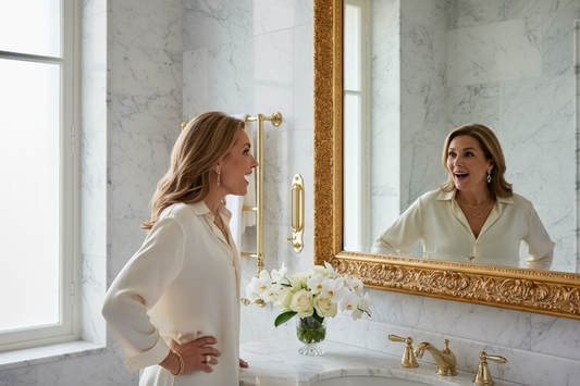 Elegant woman in her 50s looking at herself in a luxurious marble bathroom mirror with a radiant and delighted expression, noticing her transformation