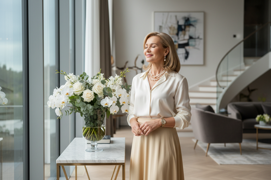 Elegant woman in her 50s standing peacefully near large windows in a luxurious home, eyes closed, with soft natural light and fresh flowers