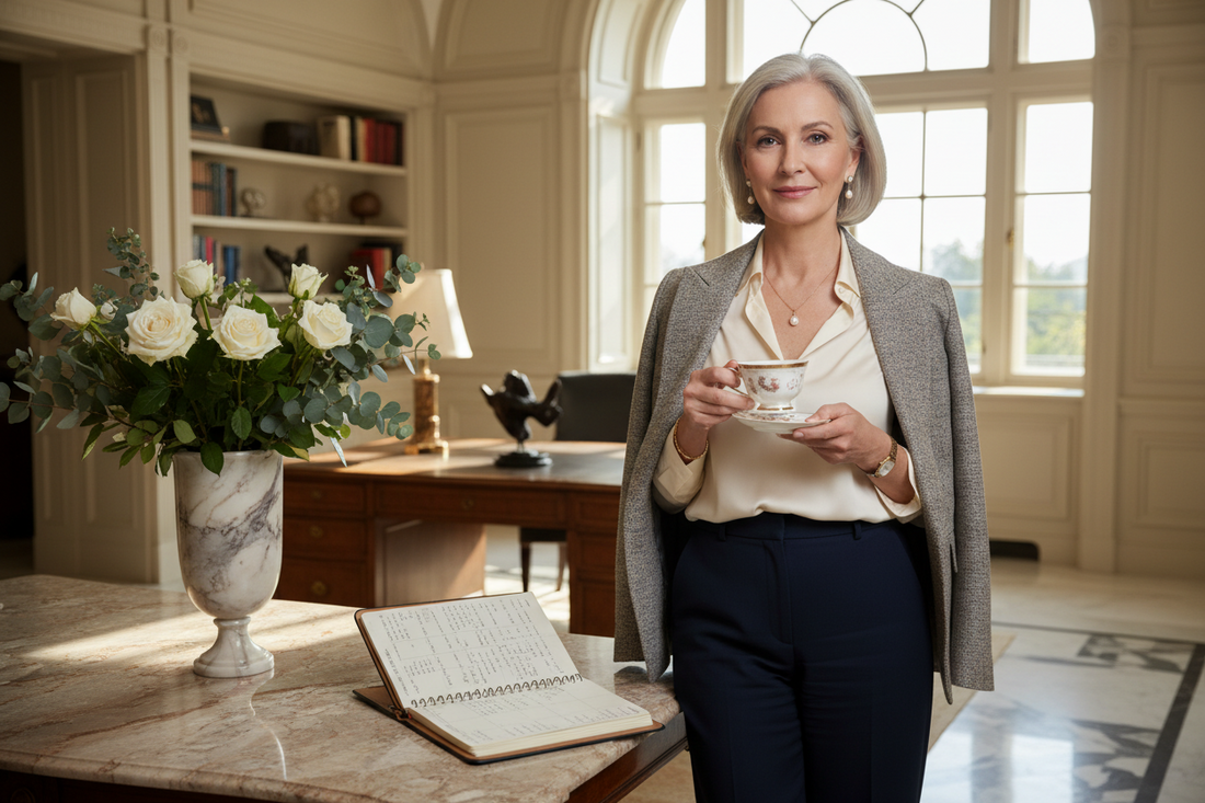 Elegant woman in her 50s standing tall and confident in a luxurious home, looking serenely balanced with a cup of tea and an open planner