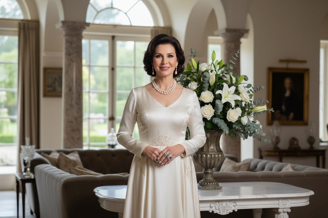 Elegant woman in her 50s standing tall with perfect posture and a radiant confident smile in a luxurious home, looking powerful and self-assured
