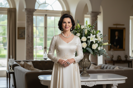 Elegant woman in her 50s standing tall with perfect posture and a radiant confident smile in a luxurious home, looking powerful and self-assured