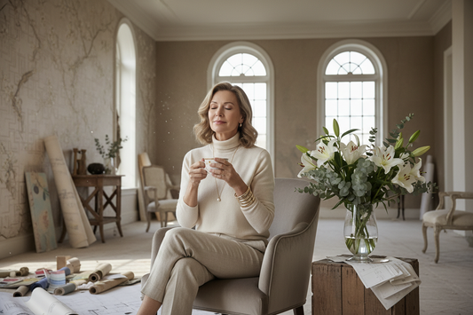 Elegant woman in her 50s taking a calm mindful break from a beautiful home project, sitting serenely with a cup of herbal tea in a luxurious room