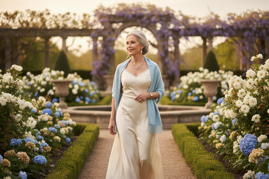 Elegant woman in her 50s walking gracefully through a beautifully landscaped garden of an upscale home with soft golden natural light and fresh blooms, looking radiant and energized