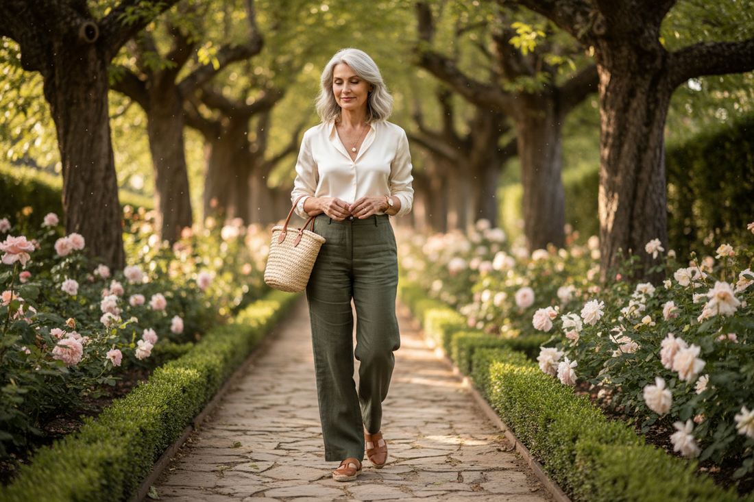 Elegant woman in her 50s walking peacefully through a beautiful garden, looking serene and fully present in the moment