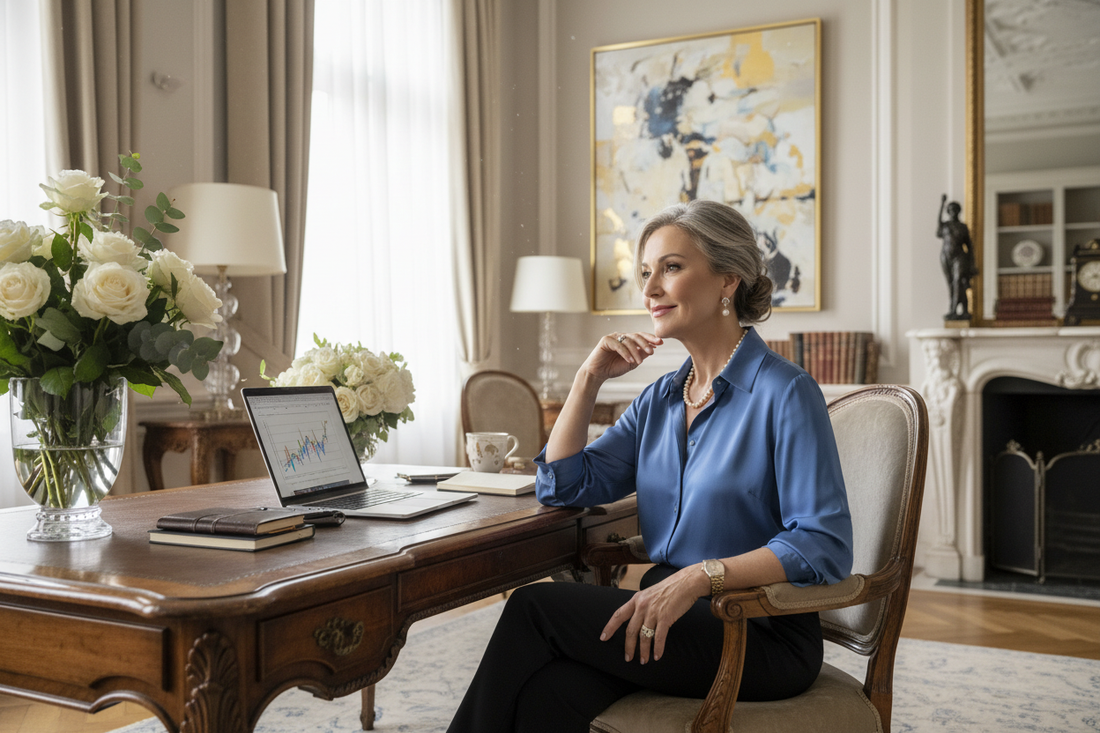 Elegant woman in her 50s working comfortably from a luxurious home setting with a laptop open on a beautiful desk, soft natural light, fresh flowers, and high-end decor