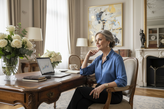 Elegant woman in her 50s working comfortably from a luxurious home setting with a laptop open on a beautiful desk, soft natural light, fresh flowers, and high-end decor