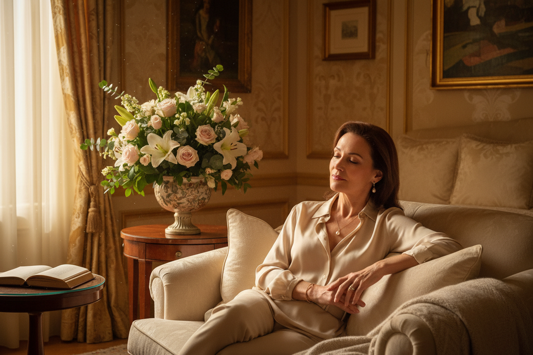 Elegant woman in her 50s sitting quietly in a luxurious bedroom, looking gently tired but peaceful, soft warm natural light, fresh flowers nearby, silk blouse, warm golden tones