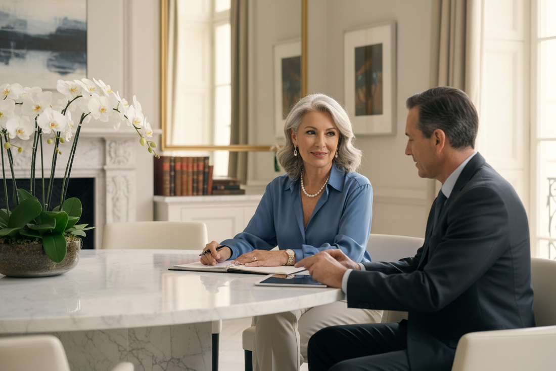 Elegant woman in her 50s in a luxurious consultation setting with marble surfaces and fresh flowers, representing the confidence and results that come from investing in expert professional weight loss guidance.