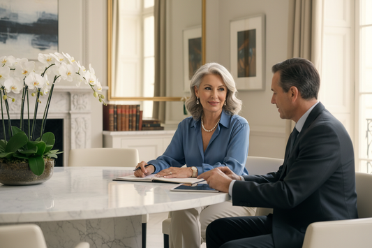 Elegant woman in her 50s in a luxurious consultation setting with marble surfaces and fresh flowers, representing the confidence and results that come from investing in expert professional weight loss guidance.