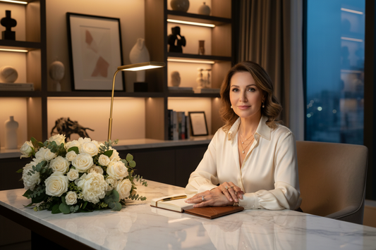 Elegant woman in her 50s sitting serenely in a luxurious upscale home office in the evening, silk blouse, tasteful jewelry, soft warm lighting, fresh flowers, marble desk, radiant and composed