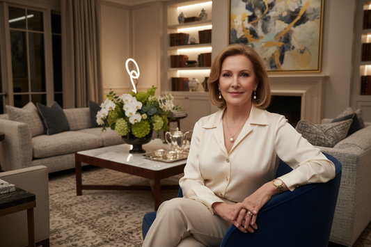 Elegant woman in her 50s sitting peacefully in a luxurious upscale living room in the evening, silk blouse, tasteful jewelry, soft warm lighting, fresh flowers on marble surface, radiant and composed
