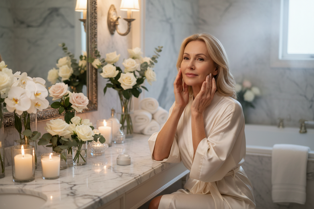 Elegant woman in her 50s in a luxurious marble spa bathroom in a silk robe, glowing and serene, representing the transformative power of genuine self-care as the foundation of lasting weight loss progress and vibrant health.