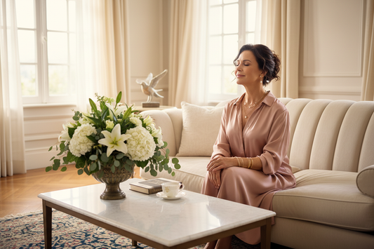  Elegant woman in her 50s sitting peacefully in a luxurious living room in soft warm light, representing the relief and hormonal restoration that comes from releasing the physiological burden of over-responsibility.