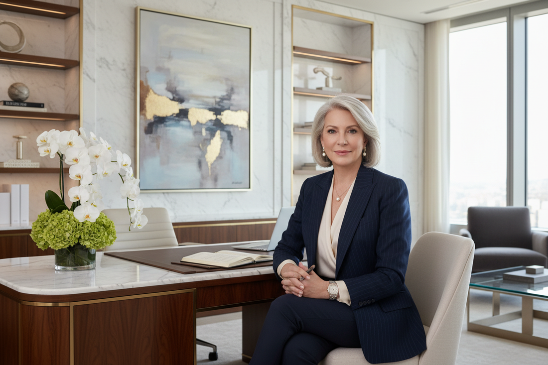 Elegant woman in her 50s sitting confidently at a beautiful desk in a sophisticated high-end office with fresh flowers and soft natural light, representing peak professional performance supported by vibrant health.
