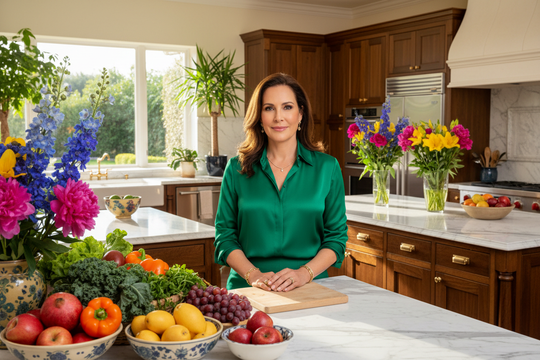 Elegant woman in her late 40s in a vibrant upscale kitchen, radiant and energized with colorful fresh foods