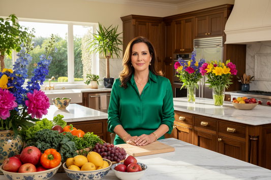 Elegant woman in her late 40s in a vibrant upscale kitchen, radiant and energized with colorful fresh foods
