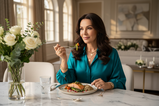 Elegant woman in her 50s with dark hair in a silk blouse sitting peacefully at a marble dining table in a luxurious home, enjoying a beautifully presented healthy meal with fresh flowers and soft natural light