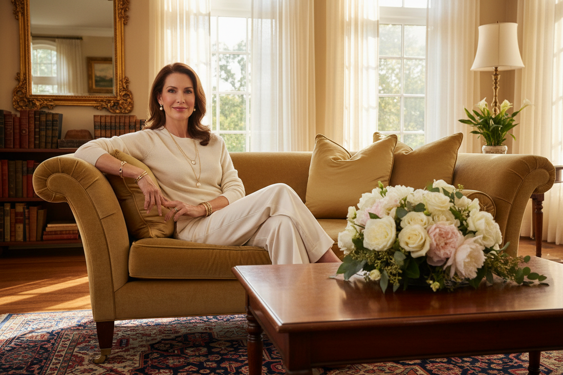 Elegant woman in her 50s sitting comfortably on a luxurious sofa at home, looking at ease and supported, soft natural light, fresh flowers, warm golden tones