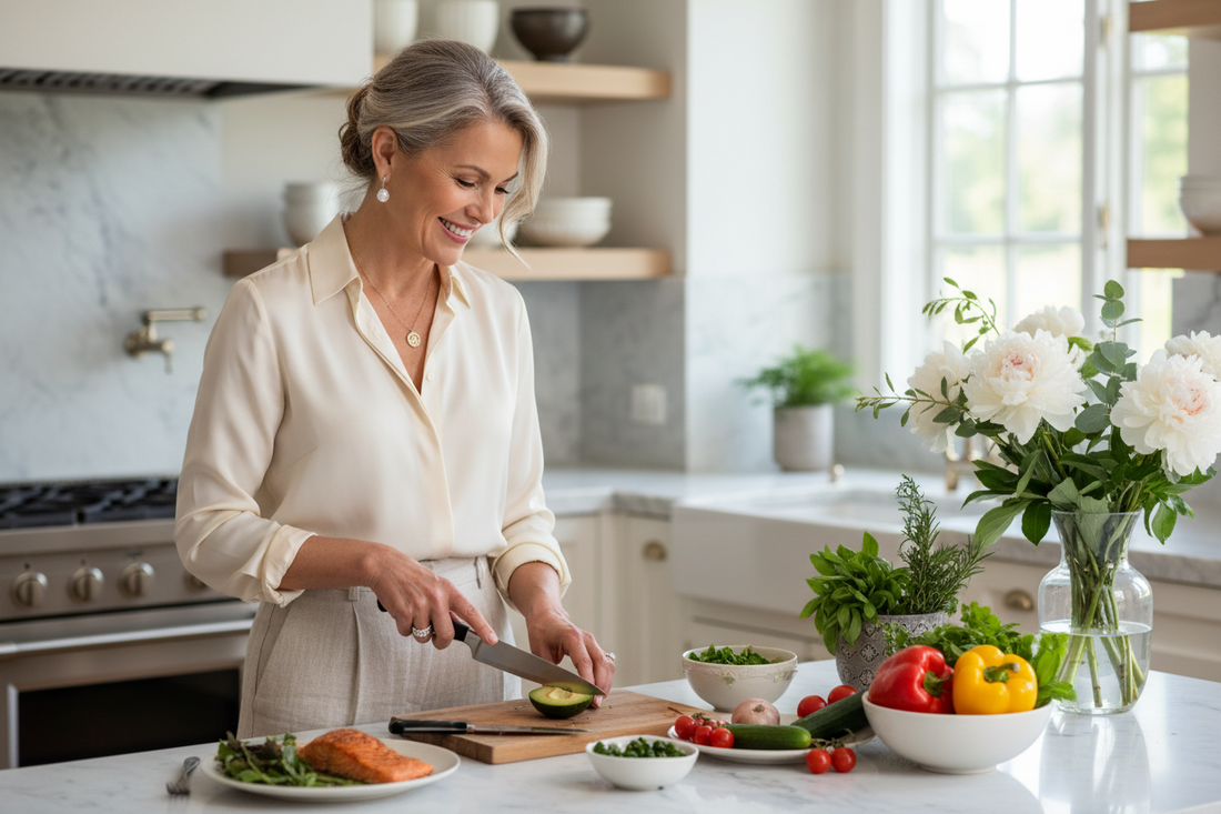 Elegant woman in her 50s joyfully preparing a healthy colorful meal in a luxurious marble kitchen with fresh herbs and soft morning light, representing the sustainable daily habits that create lasting weight loss success.