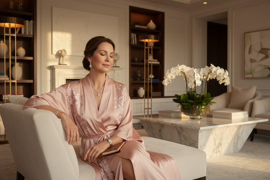 Elegant woman in her 50s relaxing peacefully in a luxurious upscale home in the evening, silk robe, tasteful jewelry, soft warm lighting, marble surfaces, fresh flowers, radiant and mentally at ease