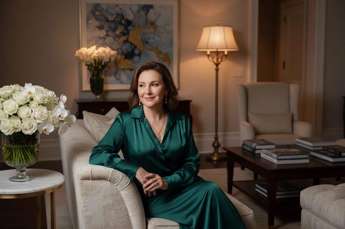 Elegant woman in her 50s relaxing peacefully in a luxurious living room in the evening, silk blouse, tasteful jewelry, soft warm lighting, fresh flowers, radiant and composed