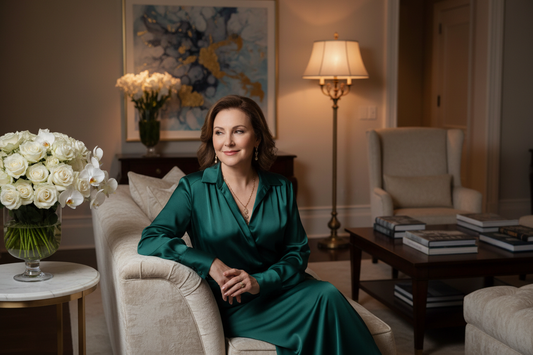 Elegant woman in her 50s relaxing peacefully in a luxurious living room in the evening, silk blouse, tasteful jewelry, soft warm lighting, fresh flowers, radiant and composed