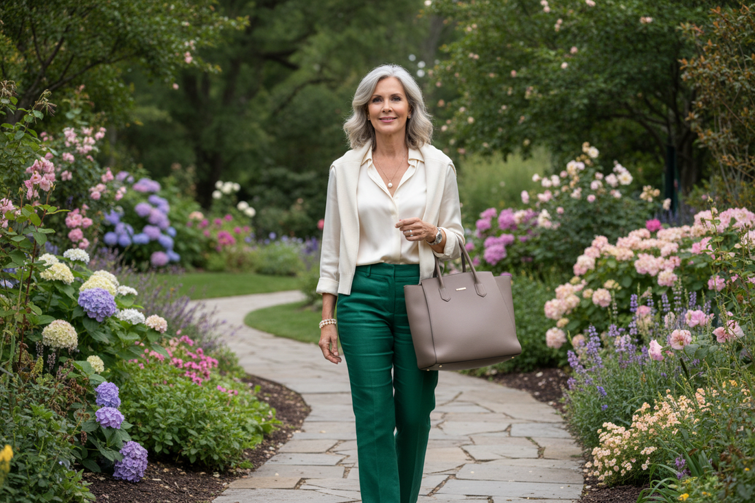 Elegant woman in her 50s walking confidently through a beautiful upscale garden in soft morning light, representing the gentle, consistent daily habits that produce lasting weight loss results.