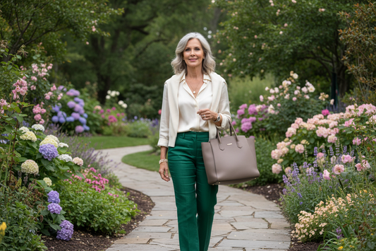 Elegant woman in her 50s walking confidently through a beautiful upscale garden in soft morning light, representing the gentle, consistent daily habits that produce lasting weight loss results.