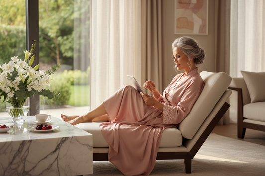 Elegant woman in her 50s in a silk robe sitting comfortably in a spa-like luxury home, working on a tablet with marble surfaces, fresh white flowers, and soft natural light