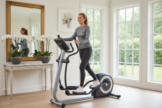 Elegant woman using an elliptical trainer in a bright luxurious home gym supporting her weight loss journey with Dr. Donna Restivo