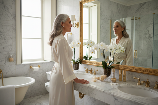 Elegant woman in her 50s in a luxurious marble bathroom reflecting on her weight loss transformation with quiet confidence