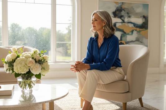  Elegant woman in her 50s sitting quietly in a luxurious sunlit living room, looking reflective and at peace, soft natural light, silk blouse, tasteful jewelry, and fresh flowers