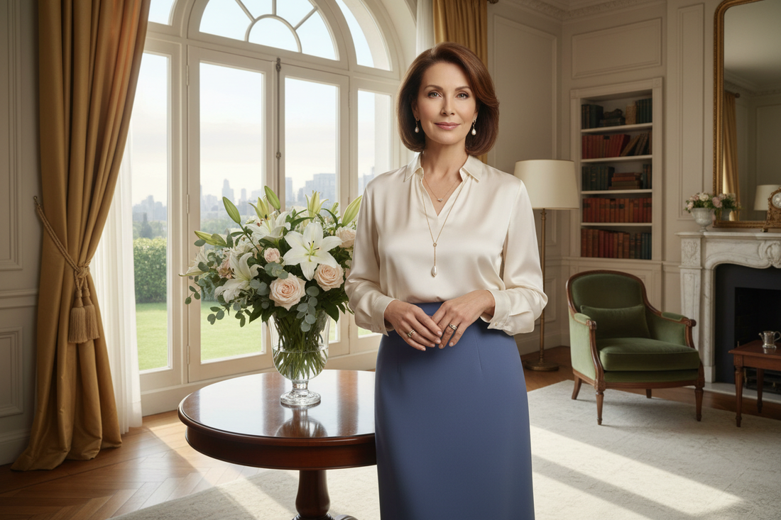 Elegant woman in her 50s looking out a large window with serene quiet hope in a luxurious upscale home with soft natural light and fresh flowers