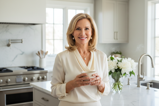 Elegant energized woman holding herbal tea in a luxurious bright kitchen with marble countertops and fresh flowers