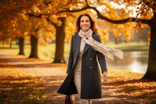 Elegant woman in her 50s walking energetically through a beautiful autumn park with golden fall foliage, wearing a tailored coat and silk scarf, radiant glowing skin and confident vibrant expression