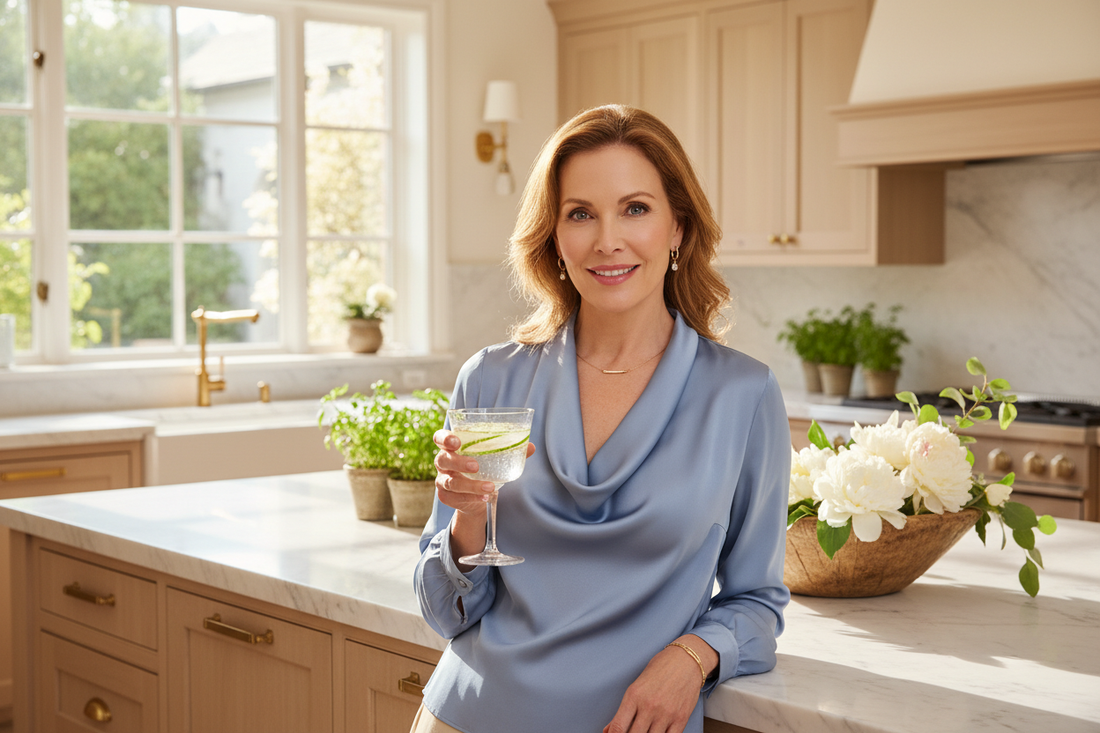 Radiant elegant woman in a sunlit marble kitchen holding a glass of fresh infused water, glowing with energy and vitality, representing enhanced organ health and fat reduction through a doctor-supervised weight loss program