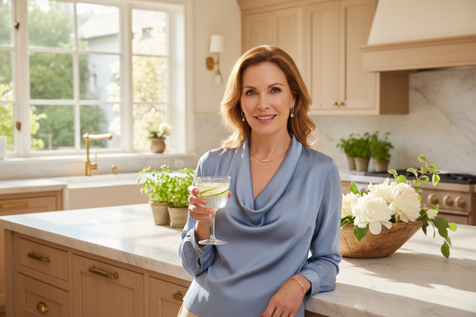 Radiant elegant woman in a sunlit marble kitchen holding a glass of fresh infused water, glowing with energy and vitality, representing enhanced organ health and fat reduction through a doctor-supervised weight loss program