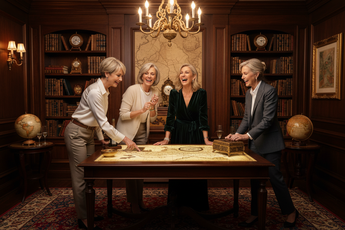 Elegant affluent women in their 50s solving clues together in a luxury escape room, laughing and confident, stylish clothing, warm sophisticated lighting