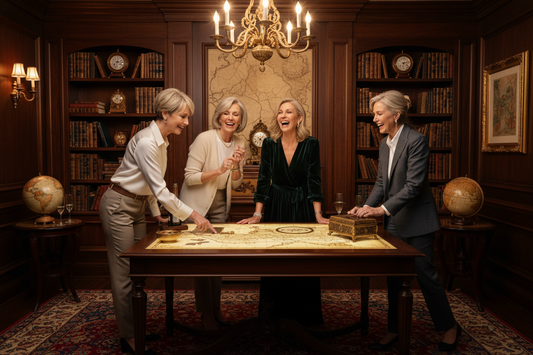 Elegant affluent women in their 50s solving clues together in a luxury escape room, laughing and confident, stylish clothing, warm sophisticated lighting