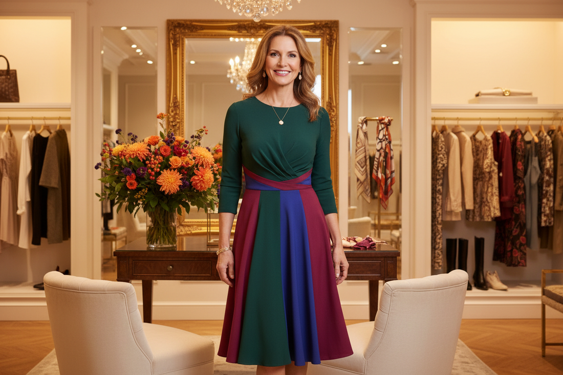 Elegant woman in her 50s wearing a beautifully fitted autumn dress in rich jewel tones, standing confidently in a luxurious boutique dressing room with soft warm lighting and fresh flowers