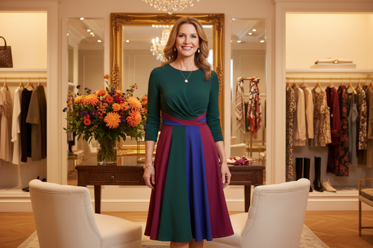 Elegant woman in her 50s wearing a beautifully fitted autumn dress in rich jewel tones, standing confidently in a luxurious boutique dressing room with soft warm lighting and fresh flowers