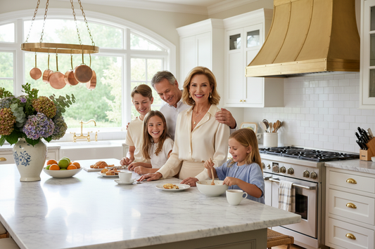  Elegant woman in her 50s in a luxurious upscale kitchen, radiant and warmly composed amid family life, soft natural light and fresh flowers