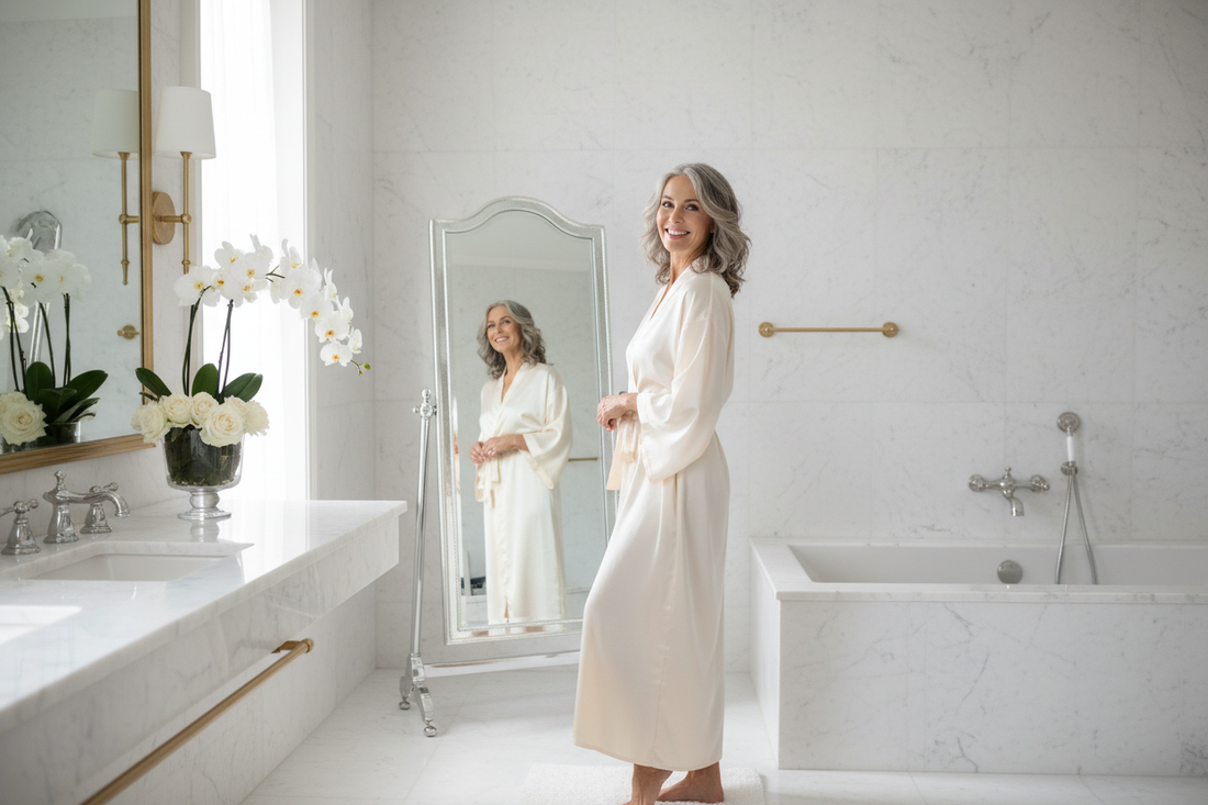 Elegant woman in her 50s standing in a luxurious white marble bathroom wearing a silk robe, smiling confidently at her reflection in a full-length mirror, soft natural light, white orchids, radiant and restored