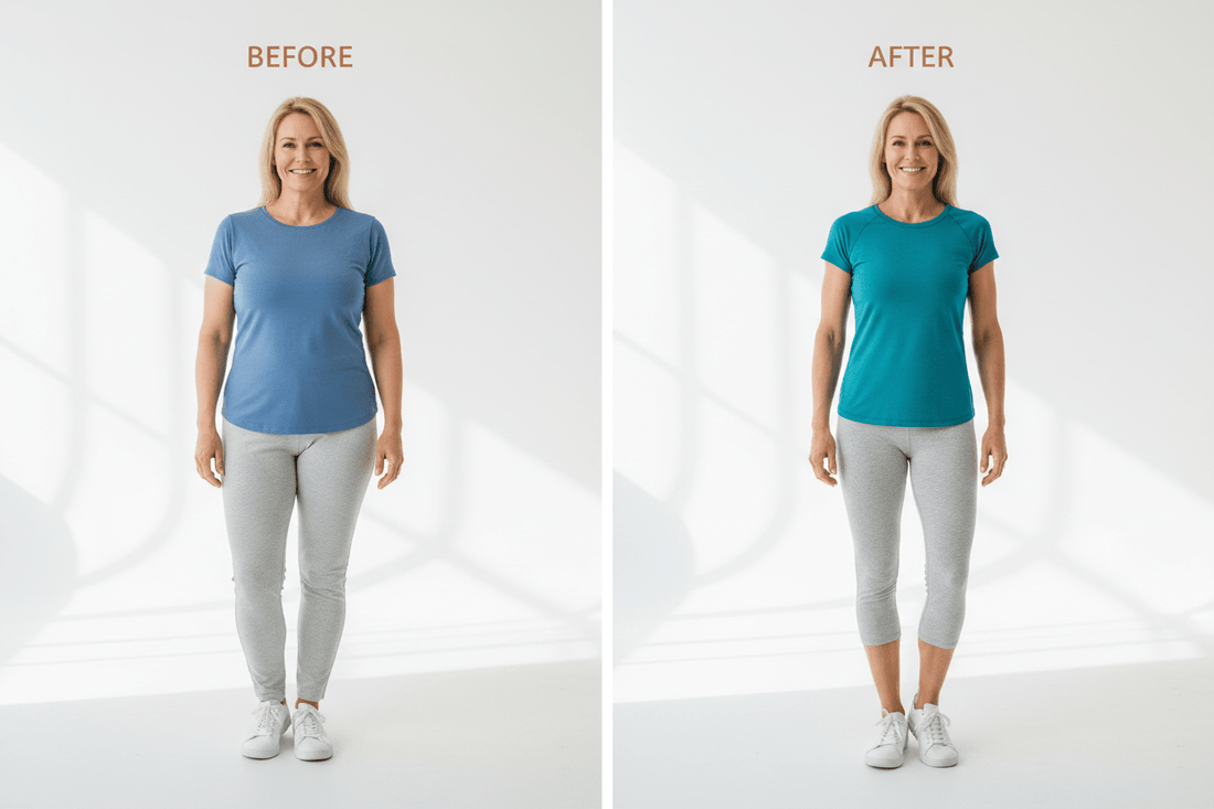 Two women at same weight showing realistic body composition difference between higher body fat and more muscle during doctor-supervised weight loss