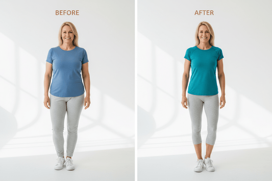 Two women at same weight showing realistic body composition difference between higher body fat and more muscle during doctor-supervised weight loss