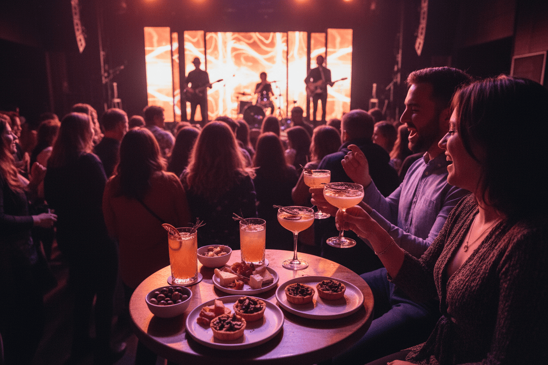 Live music concert venue with drinks and appetizers on table