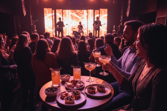 Live music concert venue with drinks and appetizers on table